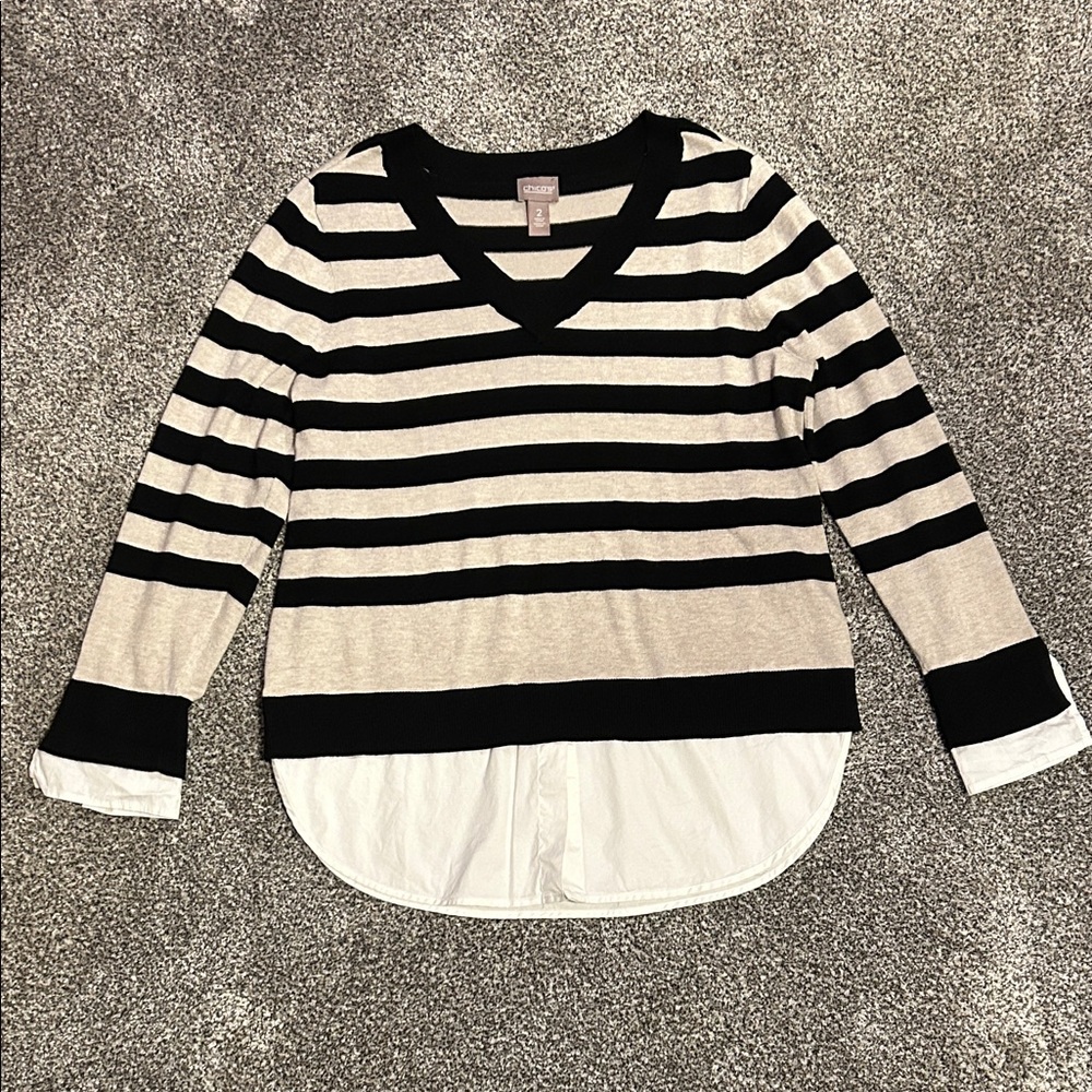 Chicos Striped Black and Cream Sweater Size 2